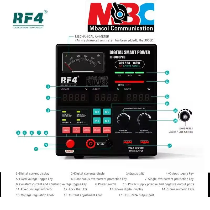 RF-3005PRO Alimentation Digitale Smart 30V 5A 150W Commutation Auto A/mA - Équipement de Test - 70 000 FCFA - Mbacol Communication Sénégal